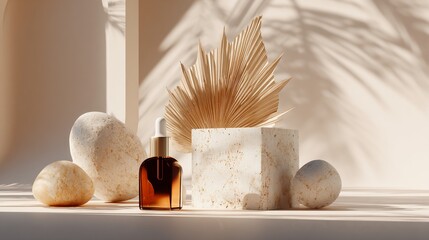Still life of cosmetic serum bottle, dried palm leaf, marble block, stones with sunlight