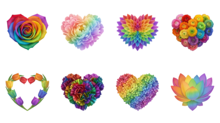 Rainbow floral heart set including rose, peony, dahlia, tulips, carnation, and lotus isolated. Colorful flower arrangements for pride and romantic celebrations.