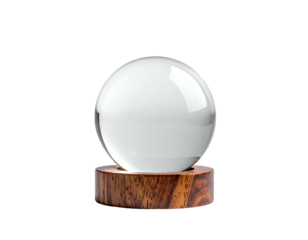 Clear crystal sphere on wooden base, set against a stark black background