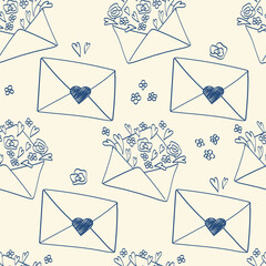 A seamless pattern of hand-drawn blue ink love letters in retro style. Perfect for weddings and Valentine's Day designs. A vintage retro design for greeting cards, weddings, and birthdays.
