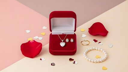 Luxury jewelry set in a red box with pearls, a ring, and petals for romance