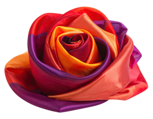 Vivid, multi-hued silk rose bloom, intricate folds, vibrant color gradient