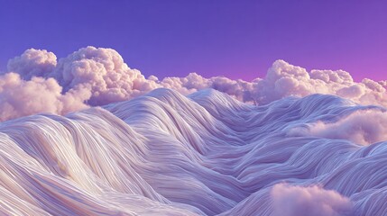 Surreal landscape with undulating white ridges, fluffy clouds, and a gradient sky