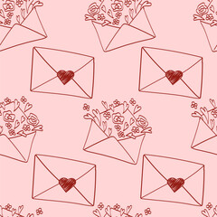 A seamless pattern of hand-drawn retro-style love letters on a pink background. Perfect for weddings and Valentine's Day. A vintage retro design for greeting cards, weddings, and birthdays.