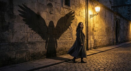 Woman with Winged Shadow Representing Hidden Potential and Inner Strength