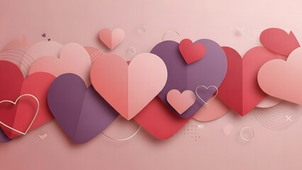 Layered papercraft hearts in pink and purple create a romantic background design