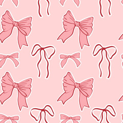 A seamless pattern of hand-drawn retro-style bows and ribbons on a pink background. Perfect for wedding and Valentine's Day designs. A vintage retro design for greeting cards, weddings, and birthdays.