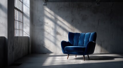 Minimalist living room navy velvet armchair white concrete walls broken sunlight patching industrial windows bold cinematic contrast grading