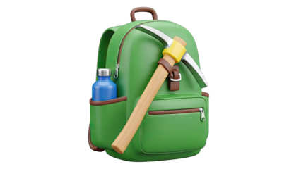 Green Backpack with Pickaxe and Water Bottle