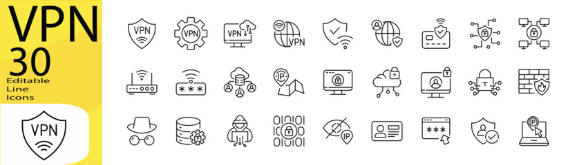 Vpn icon set. Editable stroke.	