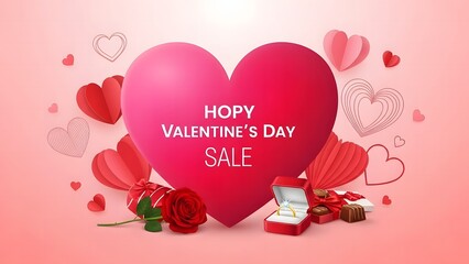 A vibrant valentine's day sale banner featuring hearts, gifts, and a romantic atmosphere