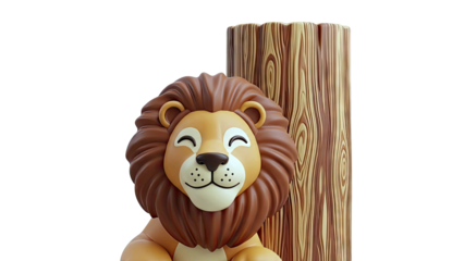 Happy Cartoon Lion Leaning Against a Tree Trunk