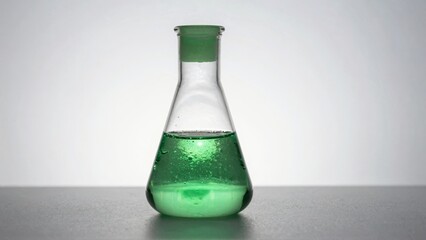 Green liquid in glass flask with bubbles