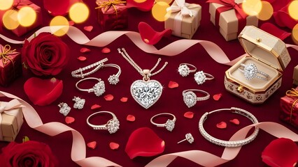 A luxurious display of diamond jewelry and rings on red velvet for a romantic gift