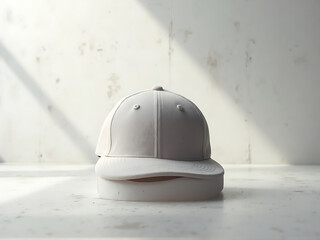 Baseball cap placed on matte stone surface, subtle highlights, calm modern mood, refined color contrast, minimal props, spacious copy space, high-end stock background