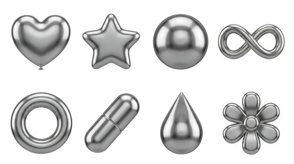 Chrome 3D shape set including heart, star, sphere, infinity, torus, capsule, droplet, and flower isolated. Glossy metallic decorative elements collection.