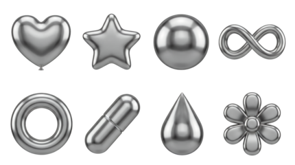 Chrome 3D shape set including heart, star, sphere, infinity, torus, capsule, droplet, and flower isolated. Glossy metallic decorative elements collection.