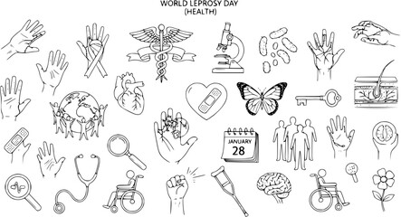 Medical Health Awareness Black and White Line Art Doodle Vector Set for World Leprosy Day. Featuring Hands, Microscope, Bacteria, Caduceus, Brain, and Symbols of Disease Prevention