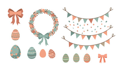 Easter decoration set with painted eggs wreath ribbons and party bunting flags