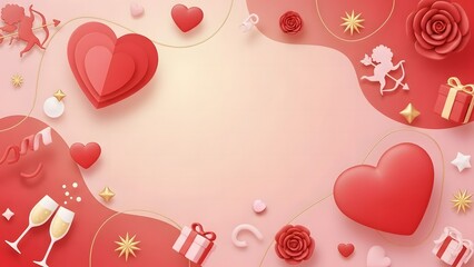 Romantic valentine's day background with hearts, roses, and cupid figures