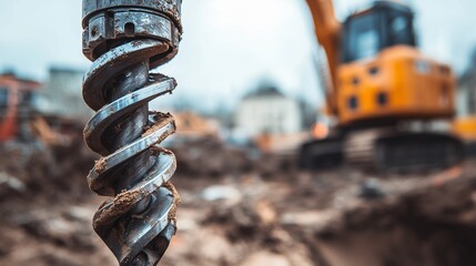 Construction site with drilling equipment and machinery working on site in a busy urban area