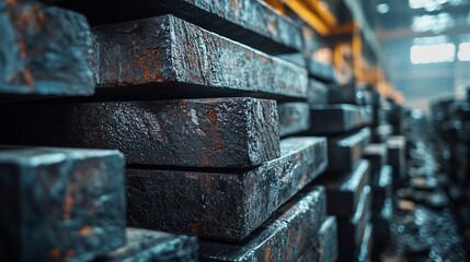 Stacked metal bars in a warehouse during daylight hours with overhead lighting and shadows
