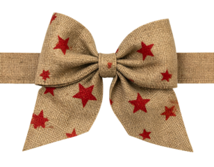Rustic, textured bow with red stars, isolated against a black background