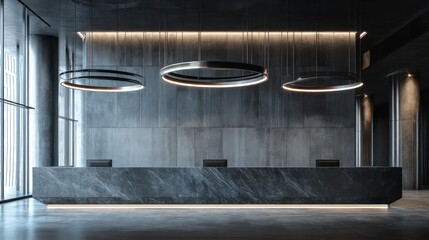 Minimalist reception lobby showcasing a polished stone counter beneath suspended circular light fixture Side-light enhances surface textures reflections