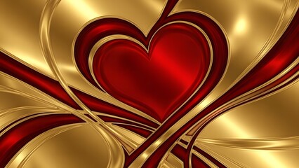 Elegant abstract background with a vibrant red heart and flowing golden lines
