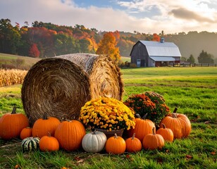 Harvest scene with pumpkins, hay bale, flowers, and a barn