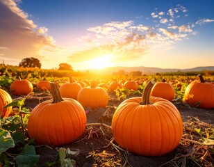 A vibrant sunset over a pumpkin patch, creating a warm, autumnal atmosphere