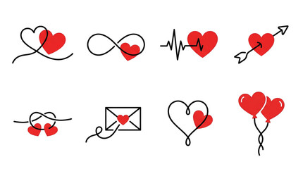 Red heart icon set including infinity, pulse, arrow, envelope, and balloon motifs isolated. Romantic symbol collection for valentines and wedding themes.
