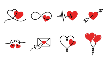 Red heart icon set including infinity, pulse, arrow, envelope, and balloon motifs isolated. Romantic symbol collection for valentines and wedding themes.