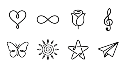 Minimalist line art set including heart, infinity, rose, treble clef, butterfly, sun, star, and paper plane isolated. Simple black contour icons for tattoos and design.
