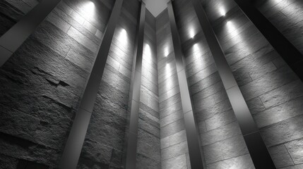 Modern atrium showcasing vertical stone wall illuminated by angled side-light Shadows emphasize surface depth brilliance glimmers subtly across