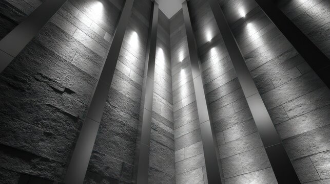 Modern atrium showcasing vertical stone wall illuminated by angled side-light Shadows emphasize surface depth brilliance glimmers subtly across