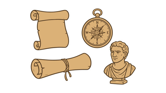 An illustration of ancient navigation tools and a bust of a historical figure