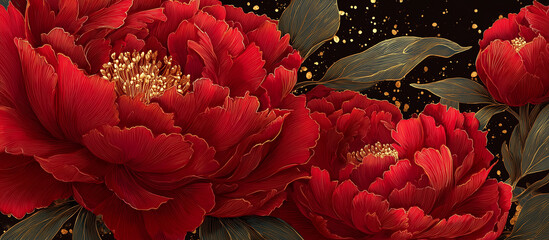 red luxury peony flower pattern golden line banner background
