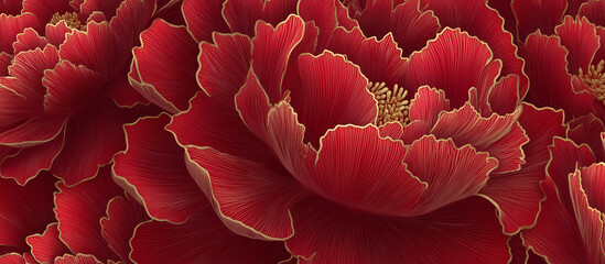 red luxury peony flower pattern golden line banner background