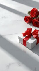 Elegant white gift box red ribbon and red roses on luxury marble surface with sun shadows