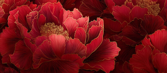 red luxury peony flower pattern golden line banner background
