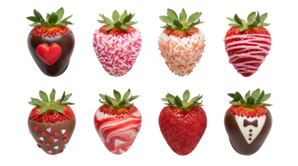 Chocolate covered strawberry set including dark, white, pink, sprinkled, marbled, and tuxedo designs isolated. Gourmet romantic dessert and valentines food collection.