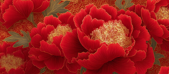 red luxury peony flower pattern golden line banner background