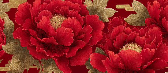 red luxury peony flower pattern golden line banner background