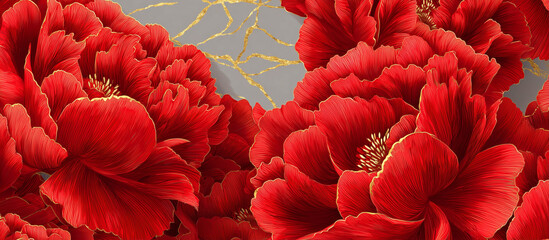 red luxury peony flower pattern golden line banner background