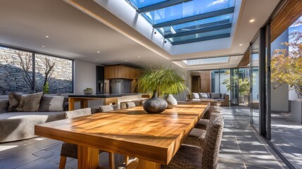 Modern open-plan interior wooden dining table beneath glass skylight Top-light generates brilliance on polished metallic accents natural daylight