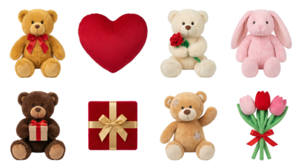 Stuffed plush toys set including teddy bears, pink rabbit, red heart pillow, gift box, and flower bouquet isolated. Valentines day and romantic gift collection.