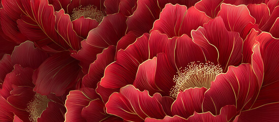 red luxury peony flower pattern golden line banner background