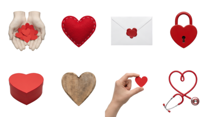 Red heart set including felt, wooden, lock, envelope, and stethoscope symbols isolated. Love, romance, and healthcare collection.