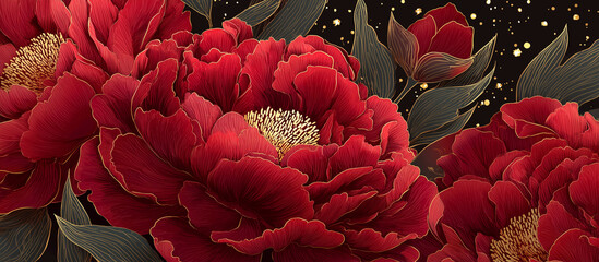 red luxury peony flower pattern golden line banner background